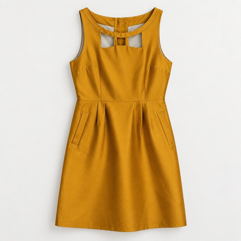 Maeve Anthropologie Mustard Silk Wool Cutout Fit & Flare Dress Size 4 Pockets